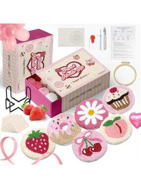 Punch Needle Coaster Kit 6PCS DIY Embroidery Beginner Set Yarn Hoop Patterns